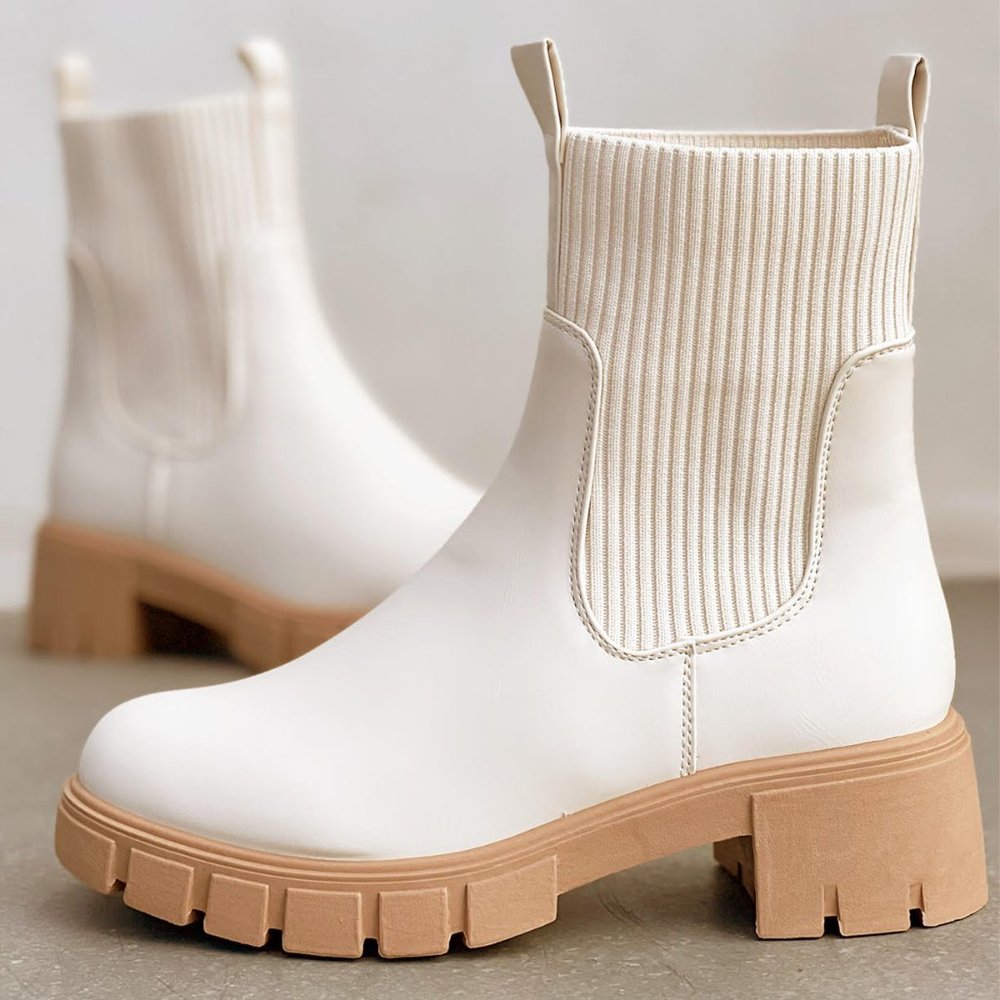 NEW Off White Chunky Lug Sole Platform Elastic Sock Ankle Chelsea Bootie Boots - Picture 8 of 12